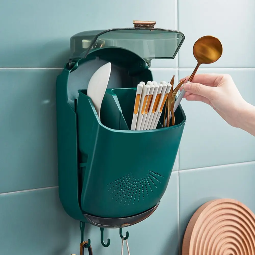 

Wall Mounted Cutlery Storage Box Large Capacity Dustproof Chopstick Drain Racks Plastic with Lid Fork Spoon Container Kitchen