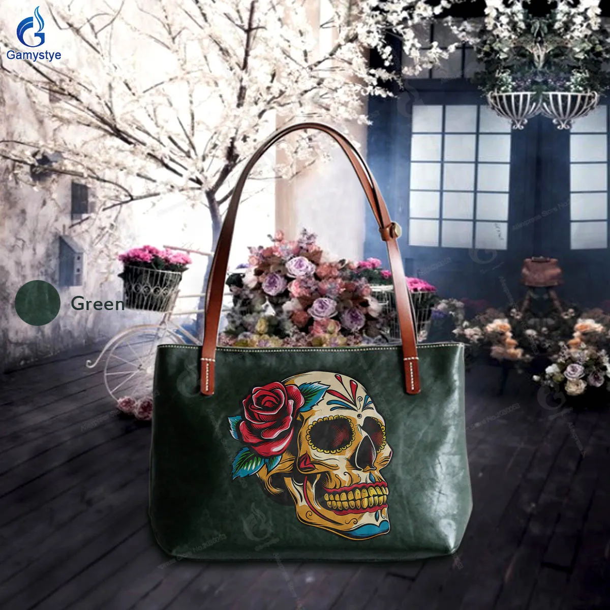 

Printed ROSE SKULL Customize Art Bags Real Cowskin Leather Lady Tote Bag Woman Sac A Mains Luxury Boston Bag