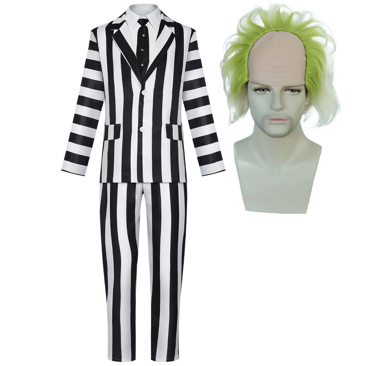 

Halloween Carnival Men Boy Michael Keaton Black and white Striped Suit Costume Or Green Wig