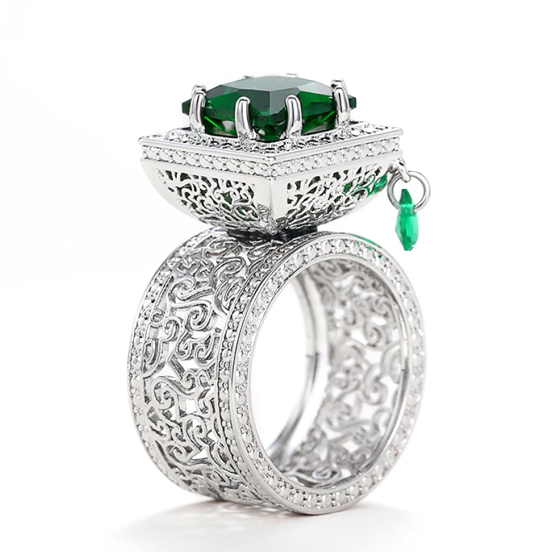 Huitan Square Green Cubic Zirconia Rings Gorgeous Hollow Pattern Women Accessories Unique Wedding Rings Gift New Trendy Jewelry