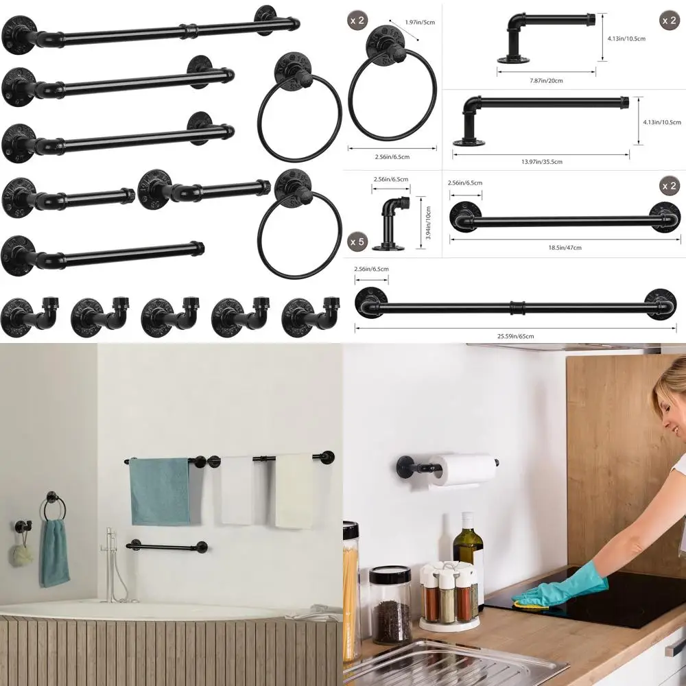 Juego de Accesorios de Baño de 13 Piezas Estilo Tubería Industrial Negra: Toallero, Soportes, Anillos, Ganchos y Portarrollos