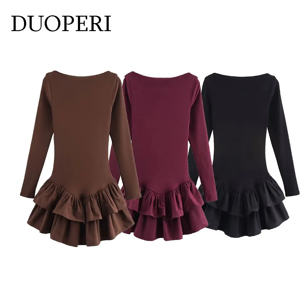 DUOPERI Mini abito pullover pieghettato con volant solido moda donna Vintage O-Collo maniche lunghe Abiti da donna chic femminili