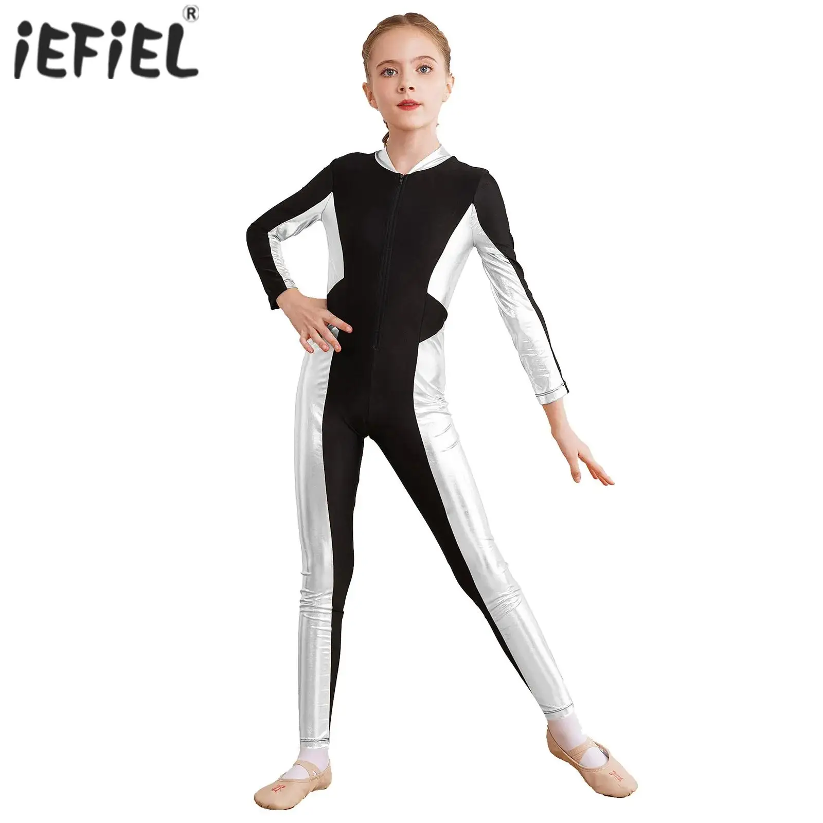 Kids Girls Acrobatics Gymnastics Metallic Figure Skating Jumpsuit Zipper Stand Collar Long Sleeve Unitard for Figure Skating