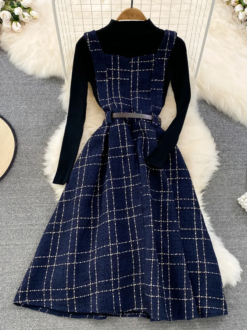 Foamlina Autumn Winter Women 2 Piece Set Black Stand Neck Long Sleeve Pullover Sweater Top + Plaid Tweed A-line Midi Dress Suits