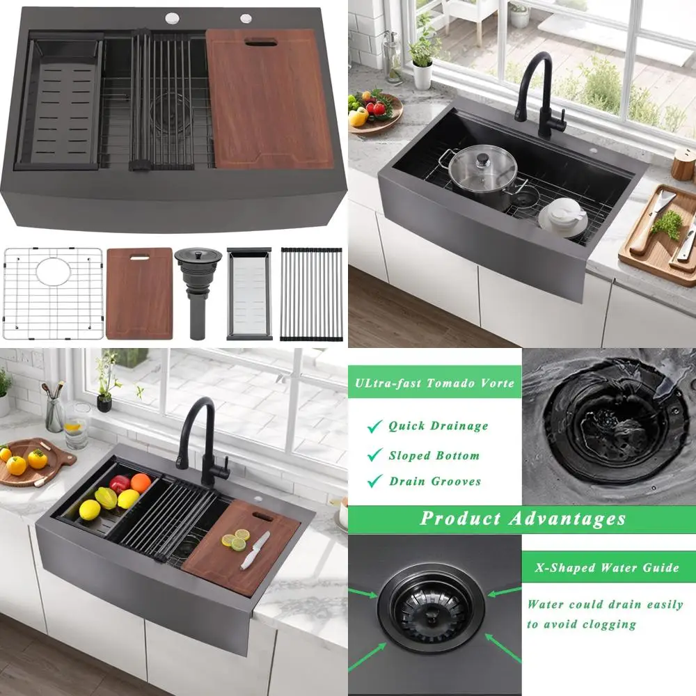 

33x22 Inch Gunmetal Black Drop-In Farmhouse Sink with Single Bowl and Apron Front in 16 Gauge Stainless Steel