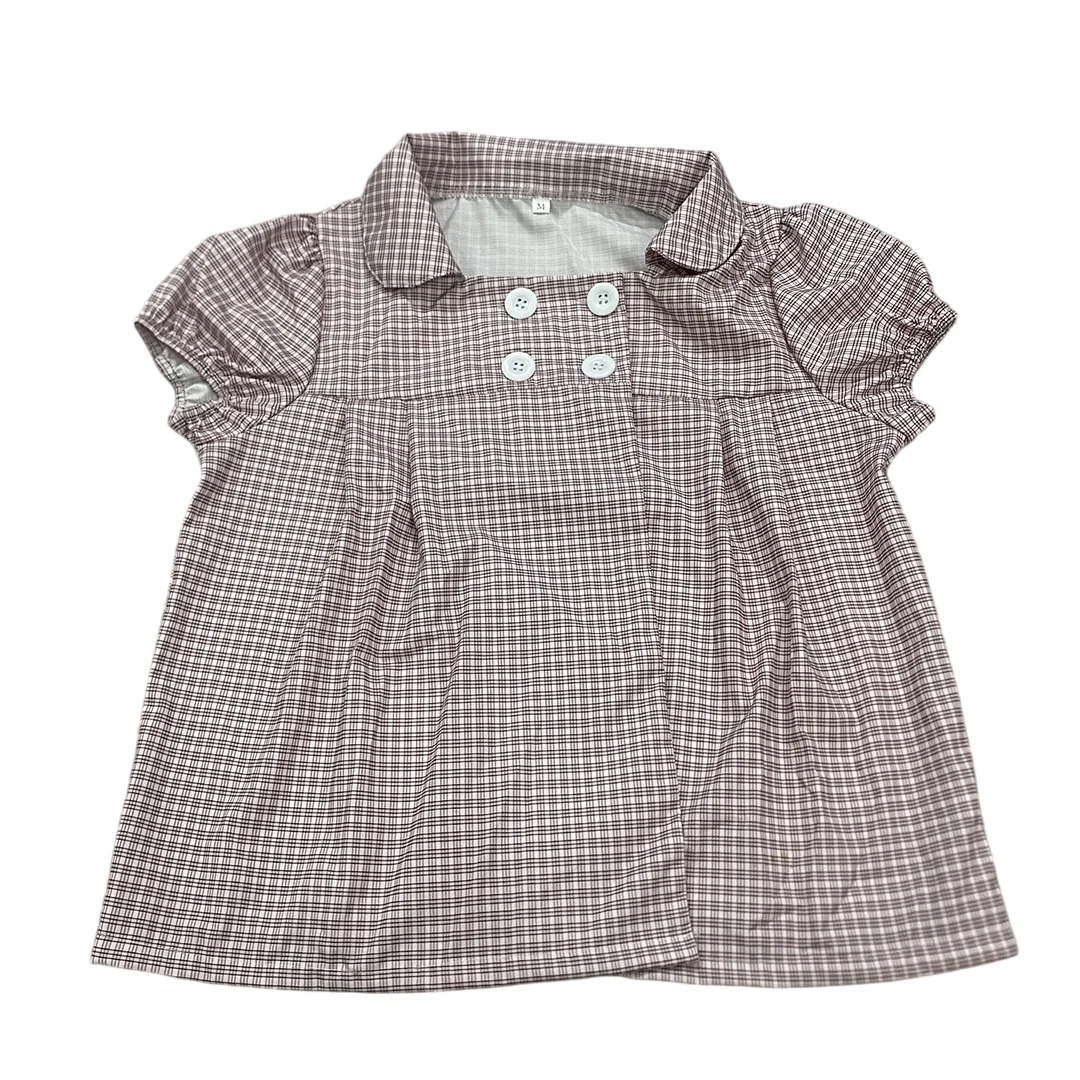 Retro plaid doll collar double breasted bubble sleeves sweet and age reducing versatile shirt T-shirt