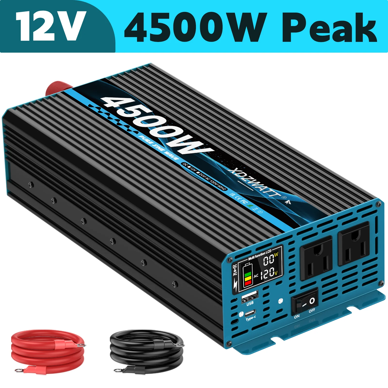 4500W Peak Pure Sine Wave Power Inverter 12V DC to 120V AC, 2200W with 2 AC Outlets, Dual USB & LCD Display for Cars,RV, Truck, Solar System, Off-Grid, Camping,Emergency Backup Power