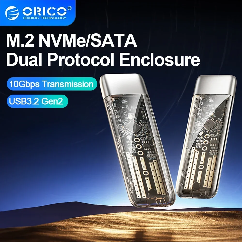 ORICO Transparent M.2 SSD Case NVME SATA SSD Enclosure Zinc Alloy Tool Free 10Gbps M.2 to USB Type C External Adapter Portable