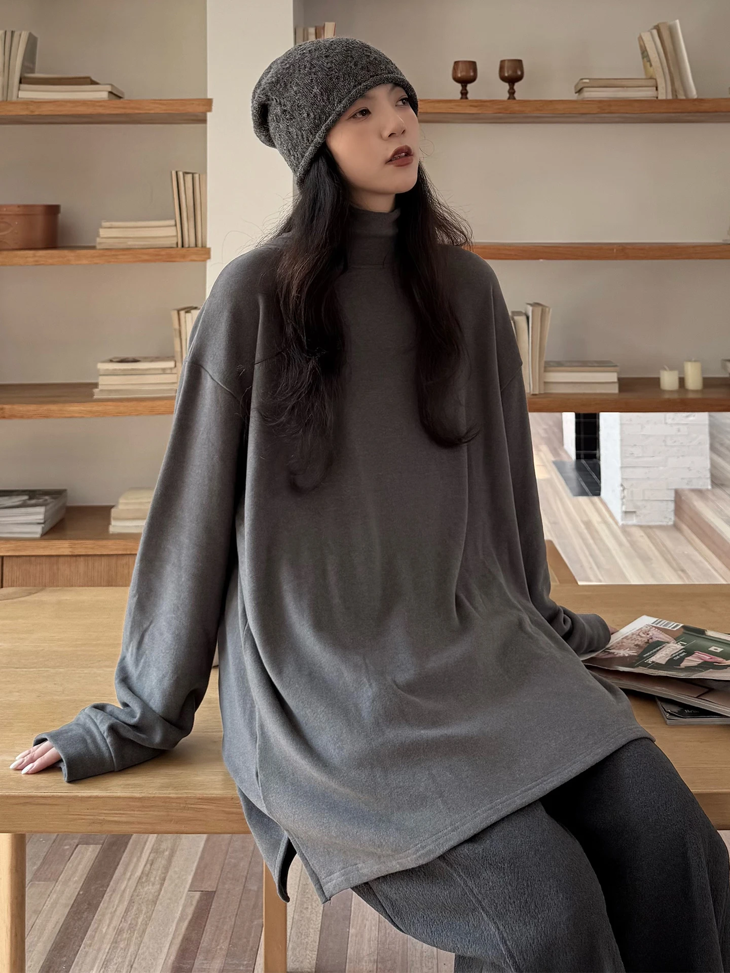 Loose Fit High Collar Long Sleeve Fleece Lined Base Layer Shirt Inner Wear T-Shirt Women's Autumn Fashion Polyester Blend