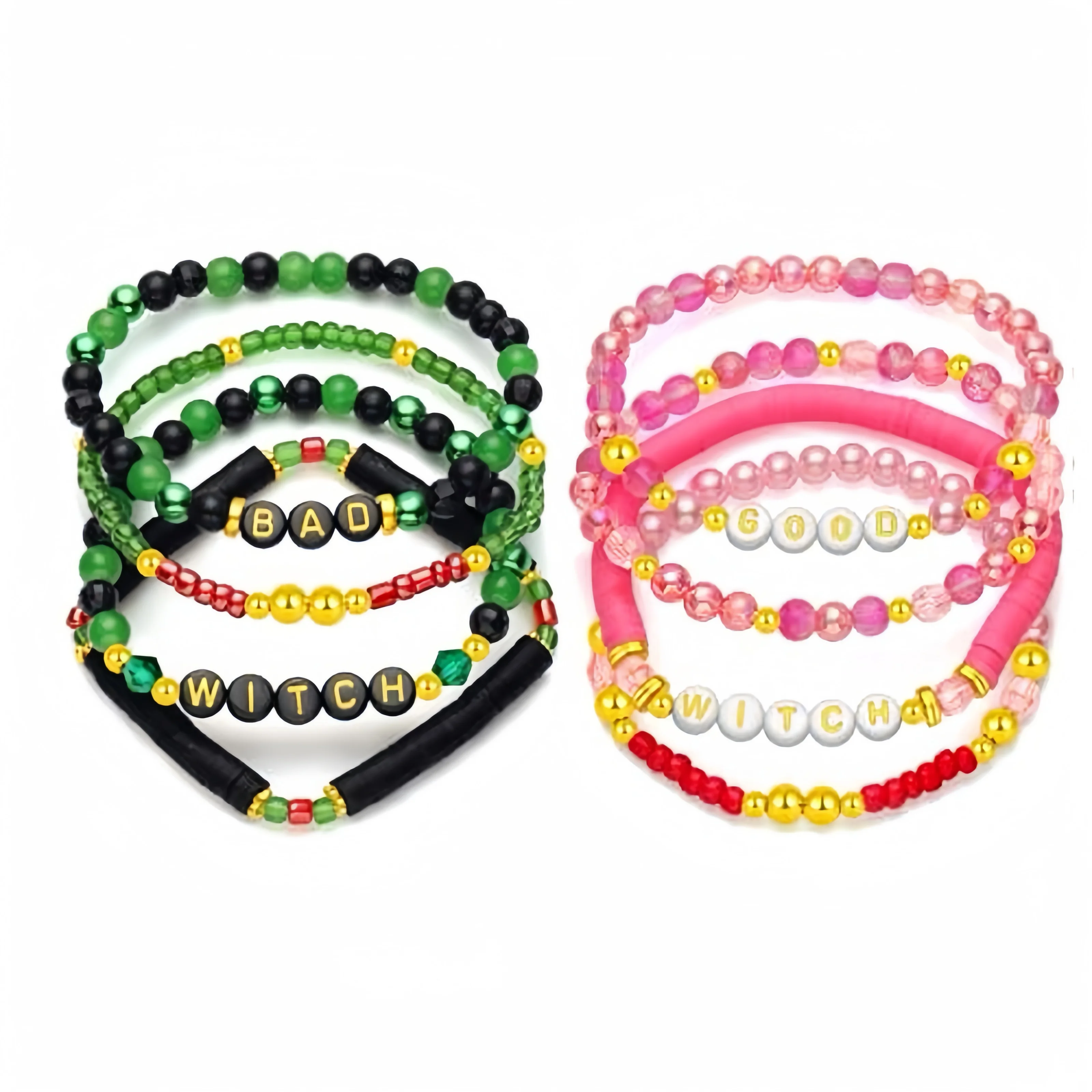 4PCS Goth Wicked Witch Movie Inspired Bracelets Women Girls Couple Matching Bracelets Sweet Pink Color Beaded Bracelets Jewelry