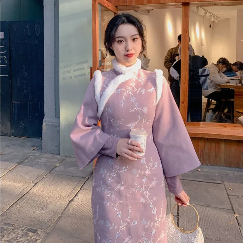 

Purple Fake Two Pieces Fashion Qipao Women Chinese Dress Traditional Vestido Chino Mujer Vintage Cheongsam Autumn Winter Thicken