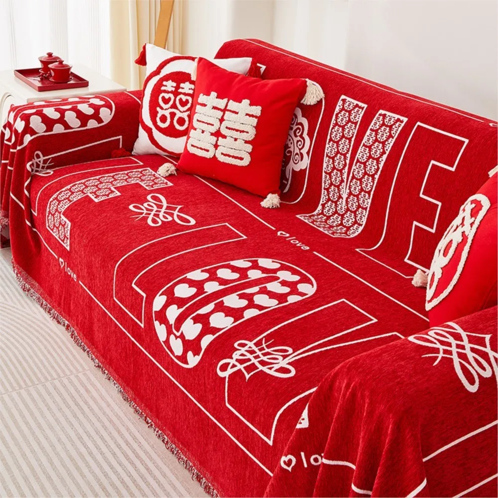 Luxury Red Sofa Cover with Tassel Couch Towel Machine Washable Holiday Theme Red Grids Sofa Slipcover for Living Room Decor