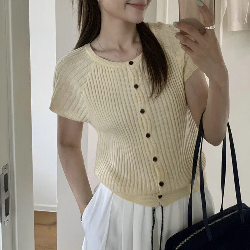 2026 Knitted Sweater Women Cardigans Summer New O-Neck White Knit Sweater Cardigan Women Tops Short Sleeve Sueter Feminino Q3734