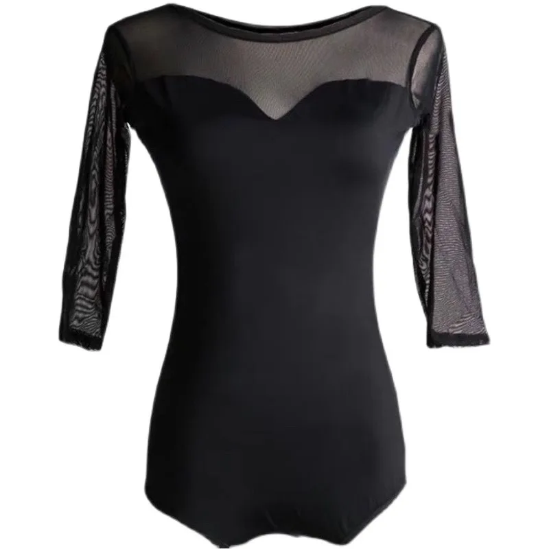 

Customized Latin Dance Network Splicing Top Mid Sleeve One Piece Professional Practice Dress Sexy Versatile Gymnastics Leotard