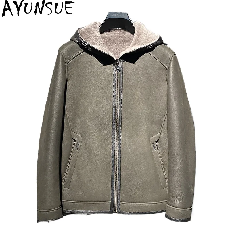 AYUNSUE 100% Real Fur Coat Men Clothing Hooded Warm Winter Natural Sheep Shearling Jacket Casual Business Leather Fur Coats Man