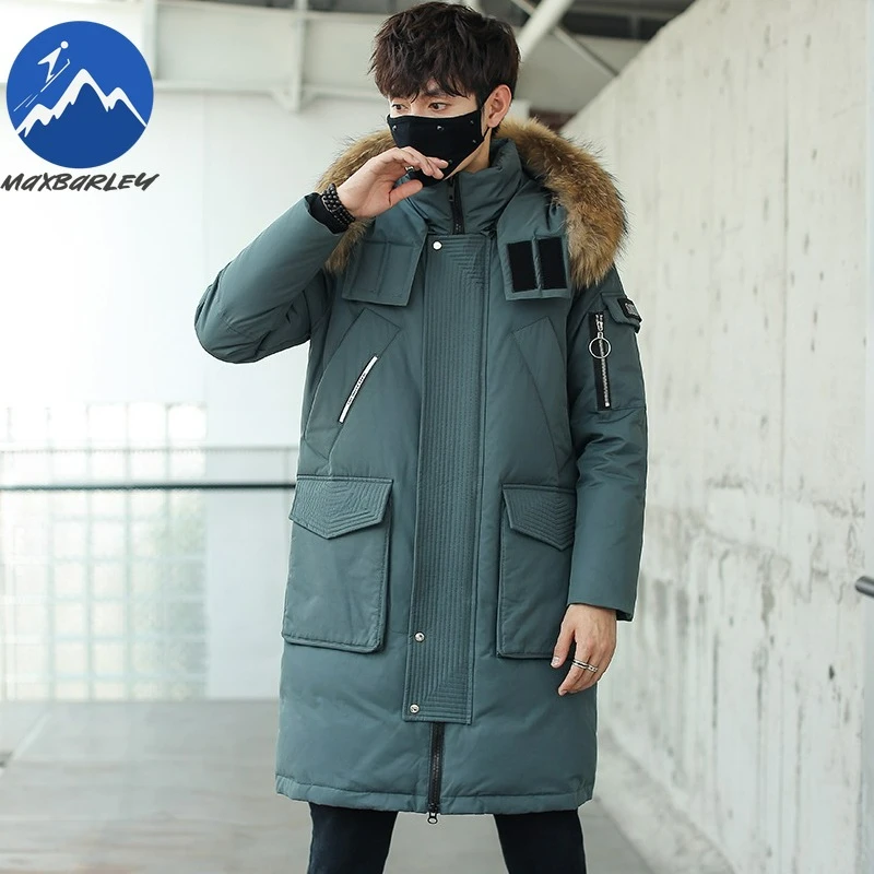 Maxbarley Premium Men Down Jacket Fur Collar Hood Outdoor Travel Cold Resistant Parkas Fashion Street Comfortable Warm Long Coat