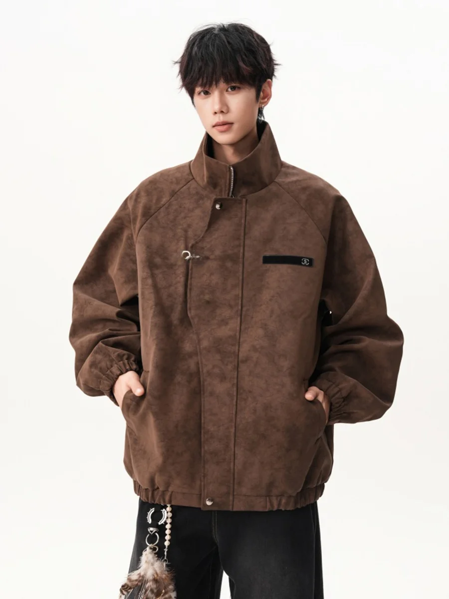 

American High Street Sle Loose Fit Motorcycle PU Leather Jaet Men's Autumn Winter Faion Brand Stand Collar Leather Coat