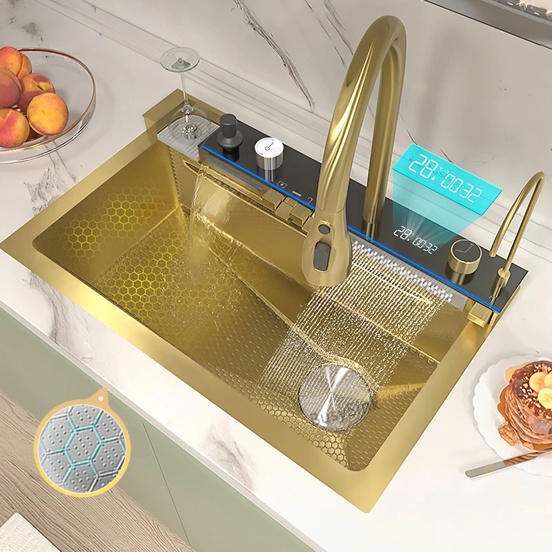 Golden Waterfall Kitchen Sink  Stainless Steel Gold Sink Multifunction Digital Display Set Large Single Slot Wash Basin