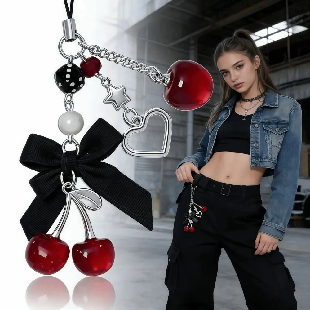 Black Cherry Cherry Keychain Strawberry Bow Lightweight Phone Charms Strap Star Heart Alloy Water Bottle Pendant Fashion Decor