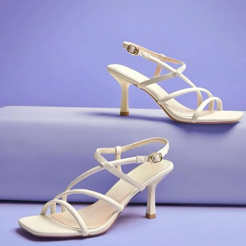 Sandals Women Shoes Square Ankle Strap Sandals Thin High Heels Buckle Strap Narrow Band Ladies Footwear Summer Beige 40