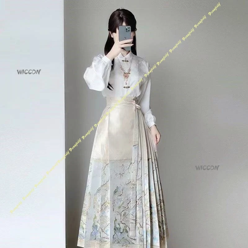 

Новый улучшенный китайский комплект ханьфу в стиле Мин, костюмы для косплея, повседневные костюмы для девочек, белая осенняя рубашка, юбка, Рождество, Хэллоуин