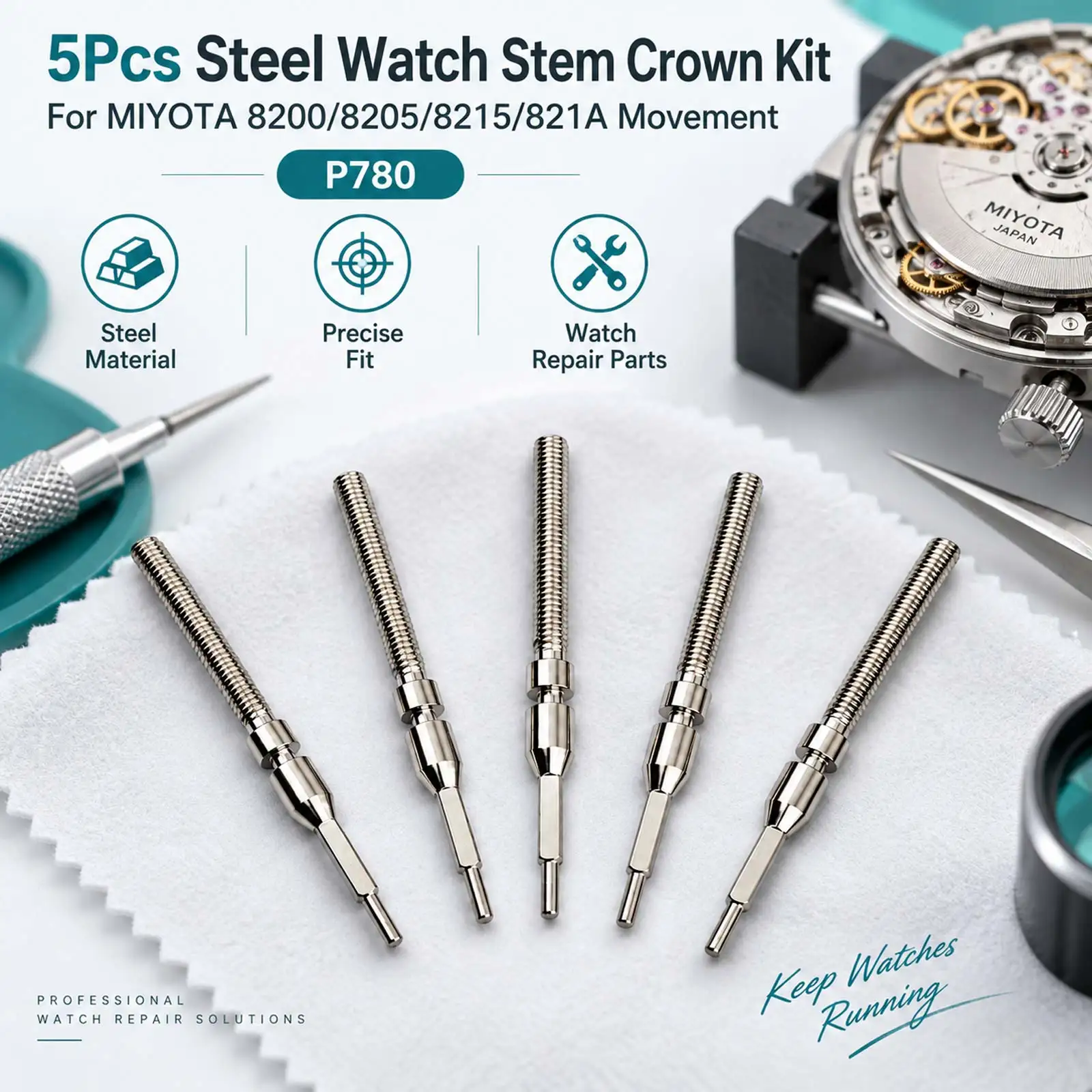 5Pcs Steel Watch Replacement Stem Crown Kit For MIYOTA 8200/8205/8215/821A Movement P780 Accessories Spare Parts
