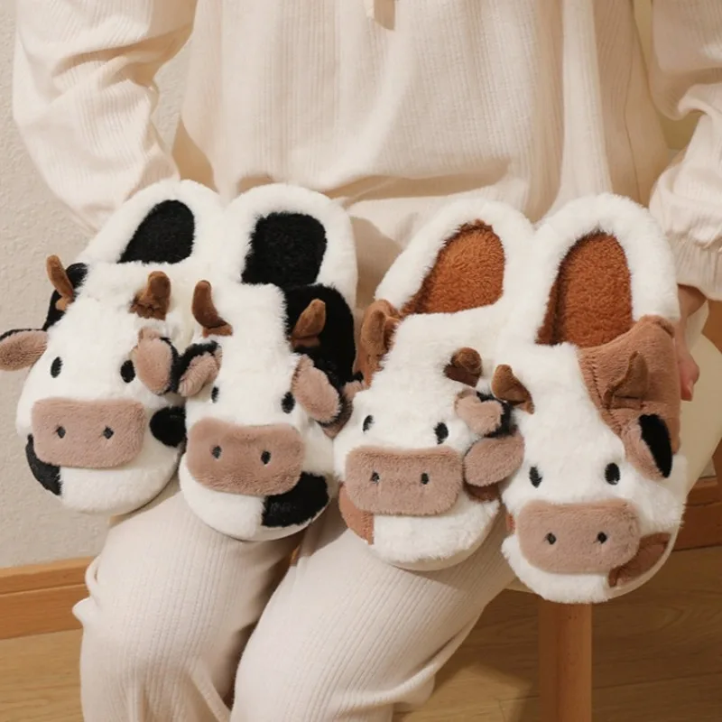 New Winter Cartoon Unisex Cow Warm Plush Slippers Couple's Indoor Non-slip House Slides Men and Women Toe Wrap Home Cotton Shoes