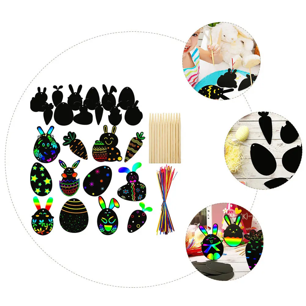1Set Rainbow Scratch Paper Kit Easter Graffiti Craft Sheets for Kids DIY Party Supplies Castle Theme Activity