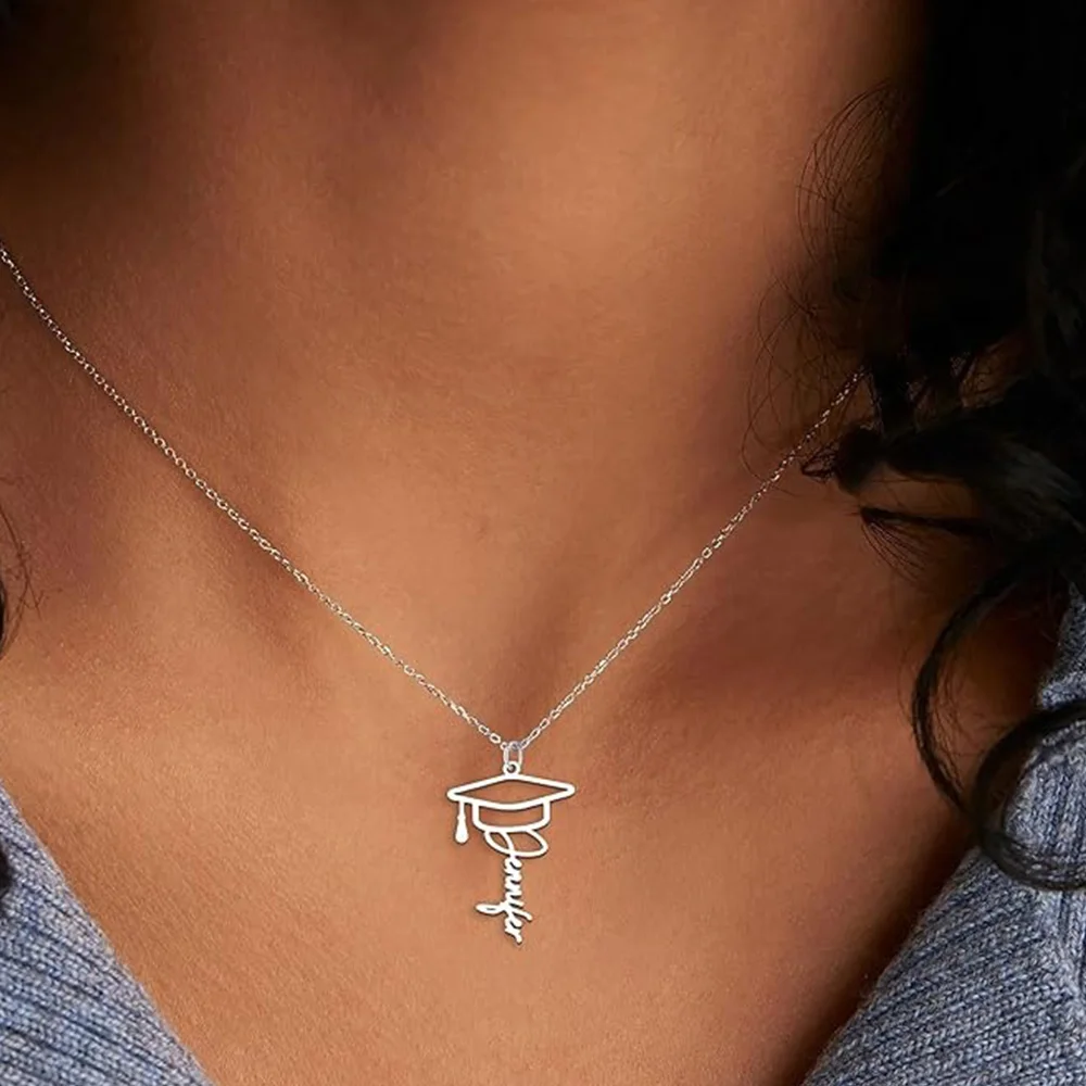 

Custom Graduation Hat Name Necklace Personalized Mortarboard Necklaces For Women Men Stainless Steel Graduation Season Jewelry