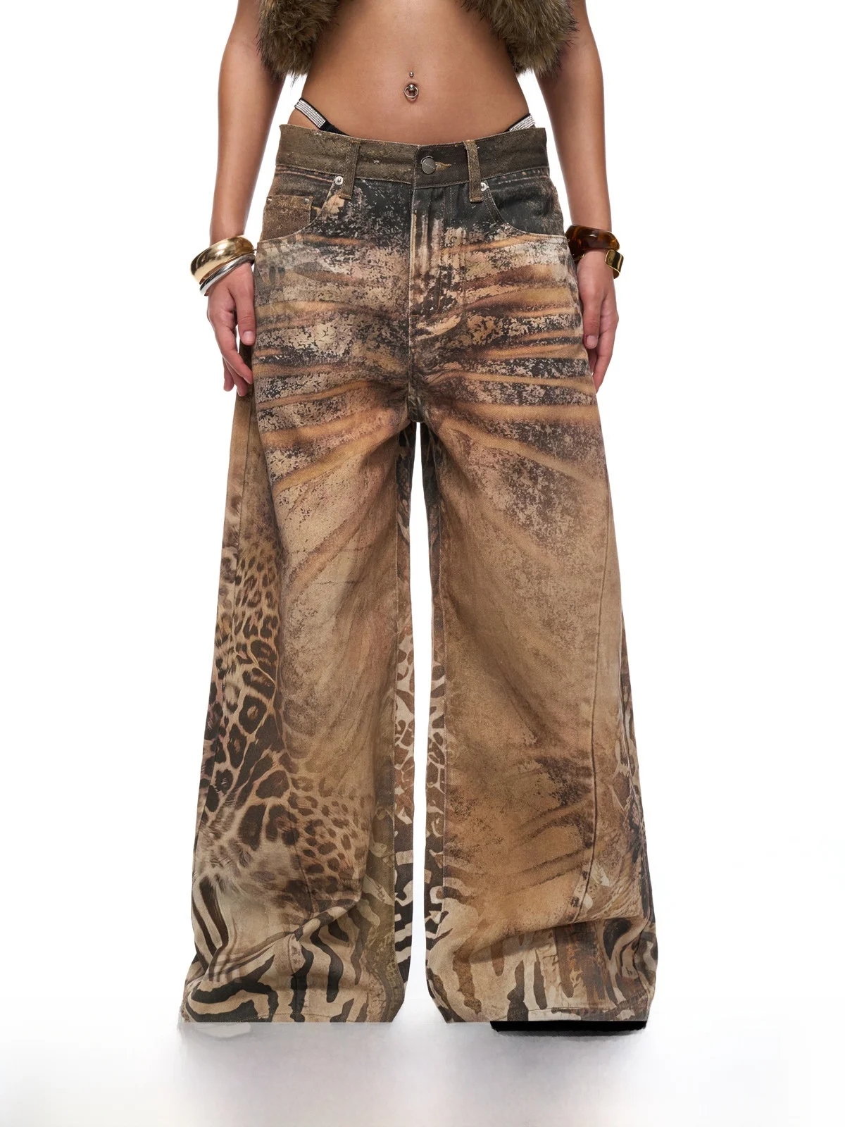 

JYOSEI оригинальные коричневые винтажные повседневные брюки с низкой талией, женские широкие свободные джинсы с принтом, хлопковая застежка-молния