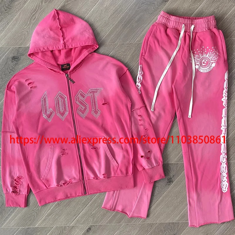

High Street Lost Intricacy Hoodie Hip-hop Hot Diamond Printed Ripped Hole Jacket Washed Lost Intricacy Sweatshirts Unisex