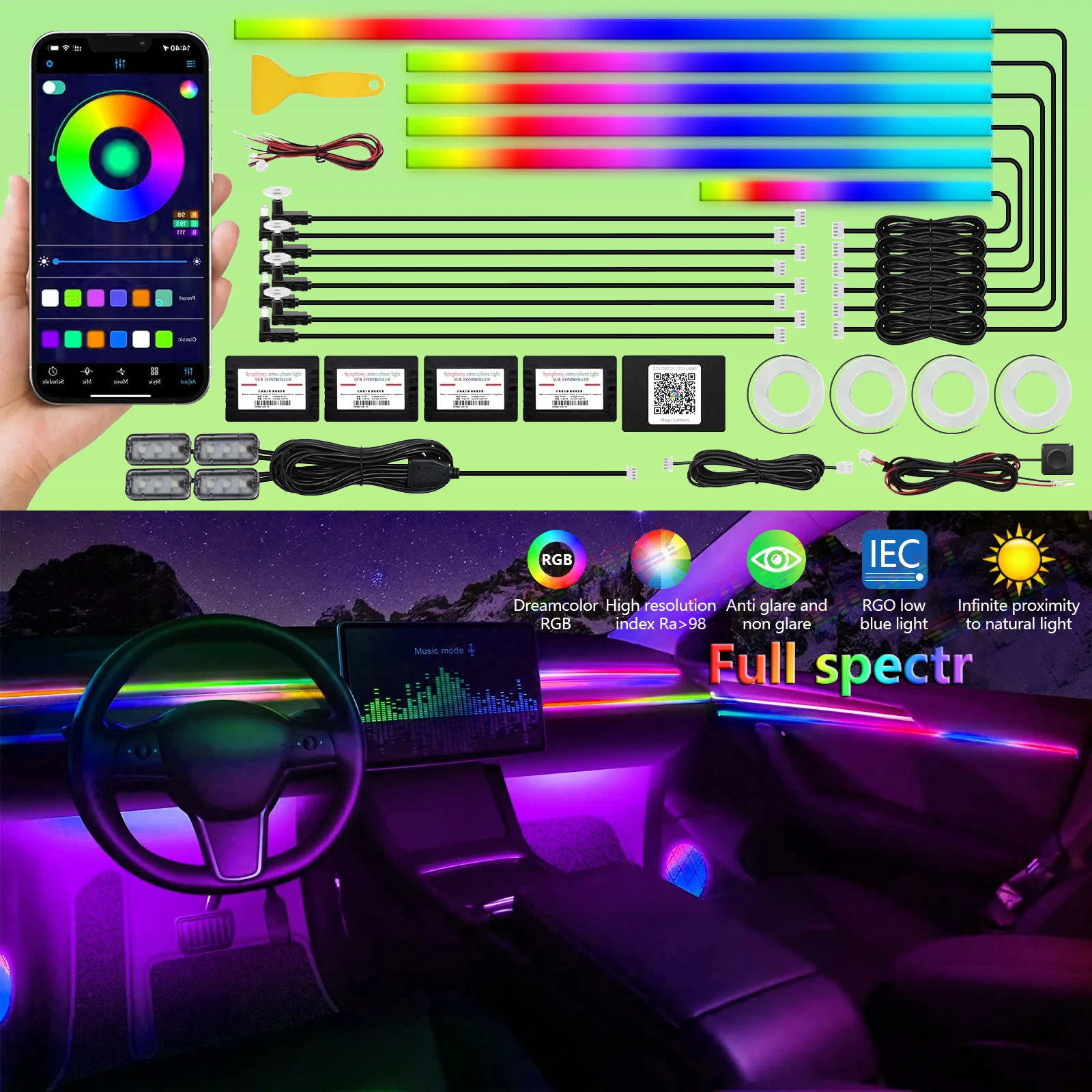 

22 in 1 Dual Zone Symphony LED Car Ambient Lights RGB 64 Colors Interior Rainbow Acrylic Strip Neon Atmosphere Lighting Kit App