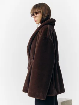 Mixed Color Faux Fur Long Coat 3 Fashion Mixed Color Lapel Collar Woman Long Coat Elegant Full Sleeve Loose Overcoat New Winter Lady High Street Faux Fur Jacket 3