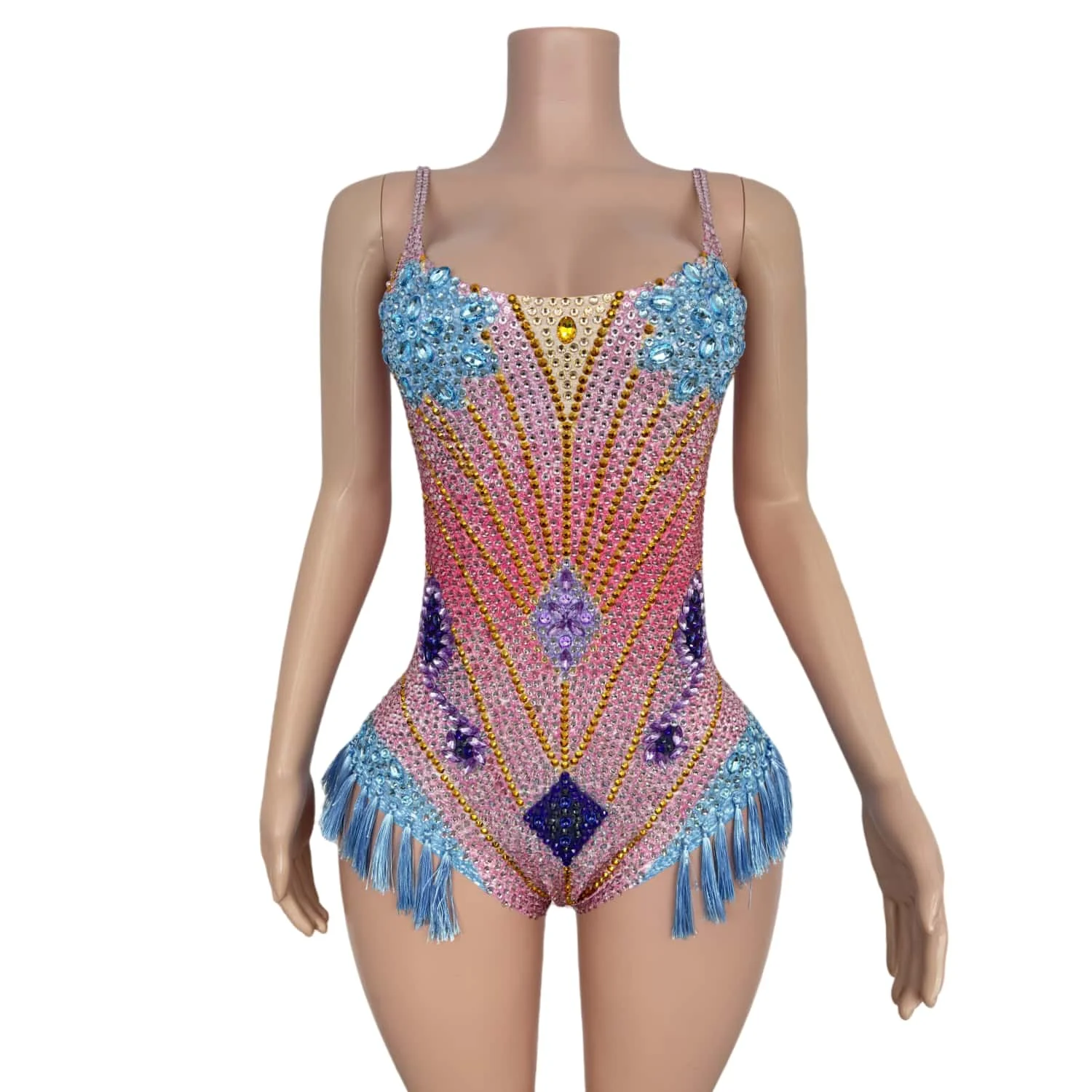 Tangguo Shiny Crystal Rhinestone Spaghetti Strap Bodysuit Blue Tassel Fringe Leotard Women Dance Stage Performance Costume
