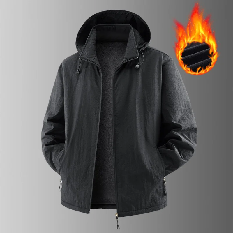 QICHE 2026 Men Detachable Hood Shell Jacket, Autumn Winter Loose Plus Size Windproof Waterproof Casual Outerwear