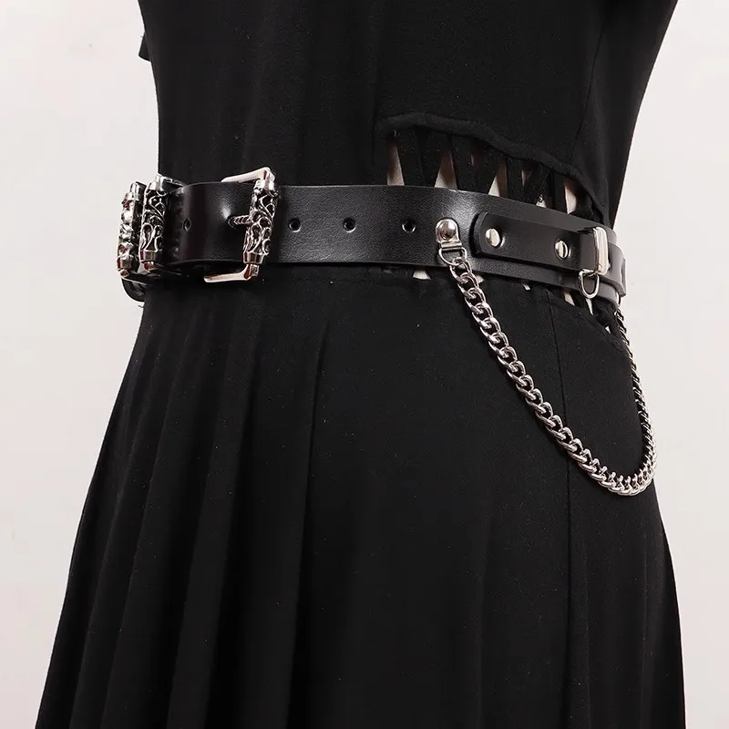 Women's Fashion Black Genuine Leather Chain Cummerbunds Female Dress Corsets Waistband Belts Decoration Wide Belt R1368