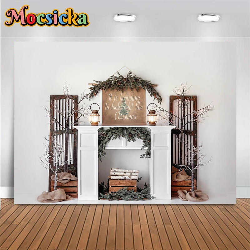 Mocsicka Christmas Decoration Photography Background Simple Tree White Wall Wooden Table Lamp Banner Backdrop Photobooth Props