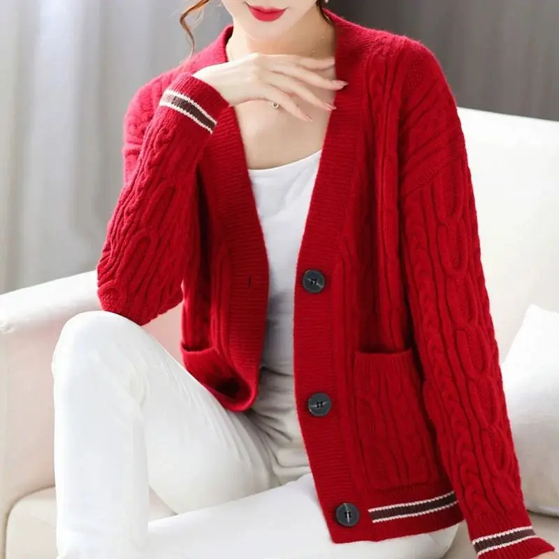 2023 Autumn Winter Women\'s Vintage Twists Single Breasted Outewear Knitted Cardigan Casual V Neck Long Sleeve Loose Sweater Coat