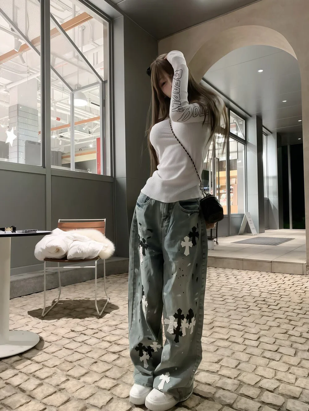 

High Waist Straight Leg Cross Stitching Leather Denim Pants Women's Loose Wide Leg Long Trousers Spring 2026 New Style