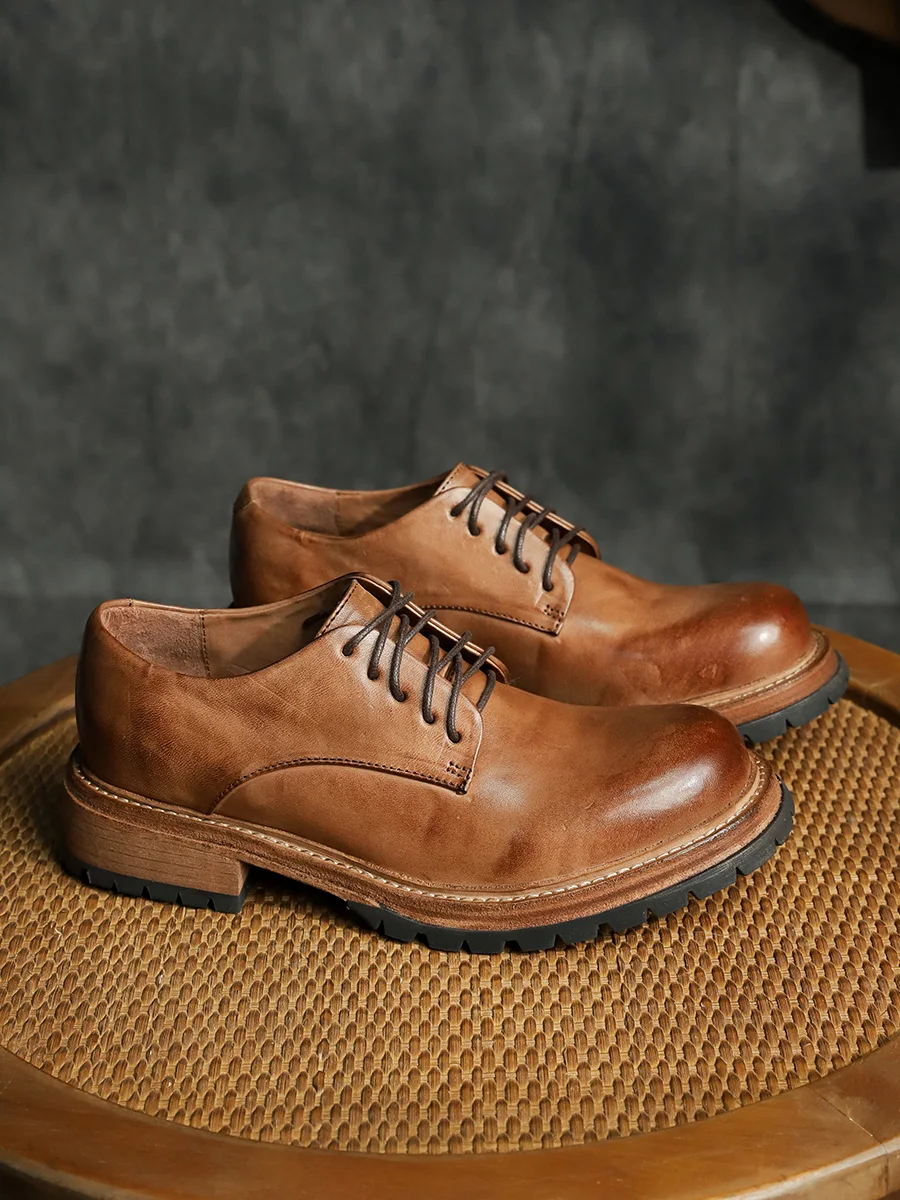 

Casual Thick Sole Men Derby Formal Shoes Retro Handmade Genuine Leather Sole Round-toe Leather Shoes