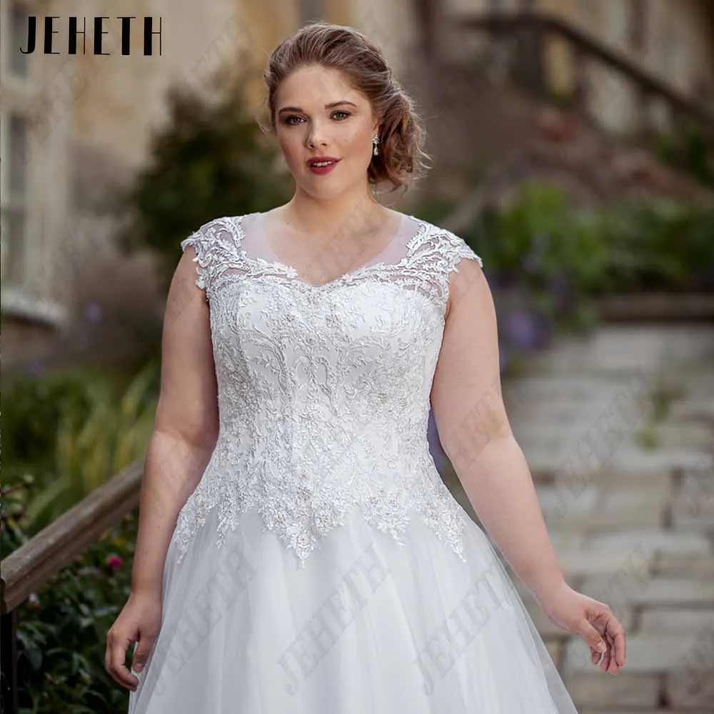 Jeheth Classic cap manches robe de mariée plus taille scooGuitar Hcondamned-Robes de mariée à mancherons classiques, grande taille, scoop, à lacets, quelle que soit la dentelle appliquée, ligne A, tulle, robe éducative