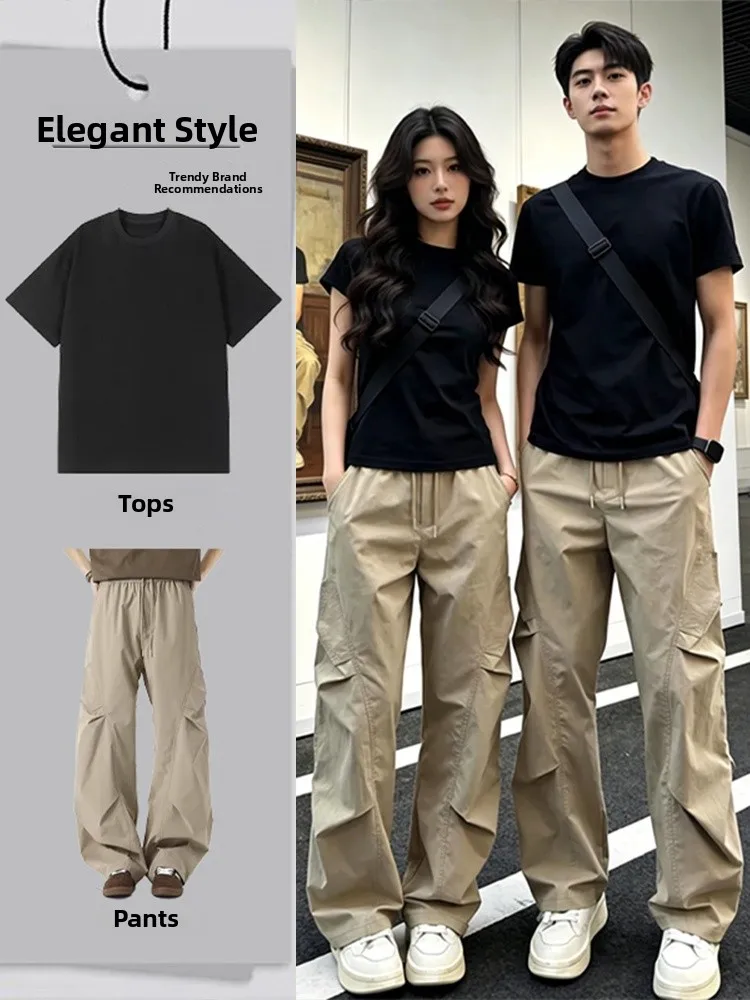 

American Style Ice Silk Quick Dry Jacket Pants Set for Men Summer Black Short Sleeve Workwear Trendy Brand OOTD Outfit