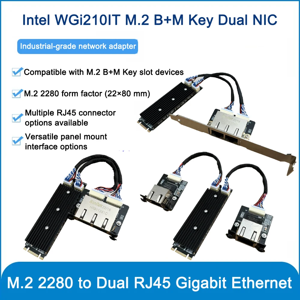 Industrial M.2 B+M Key Dual Port Gigabit Network Card 2x RJ45 10/100/1000Mbps Intel i210-IT Wide Temp Ethernet Adapter For PC