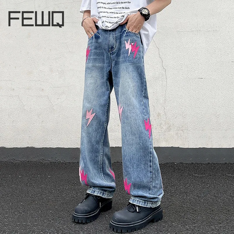 

FEWQ Men's Jeans American Trendy Vintage Pants Summer Loose Wide Leg 2024 Patchwork Korea Fashion Male Trousers 24E1460