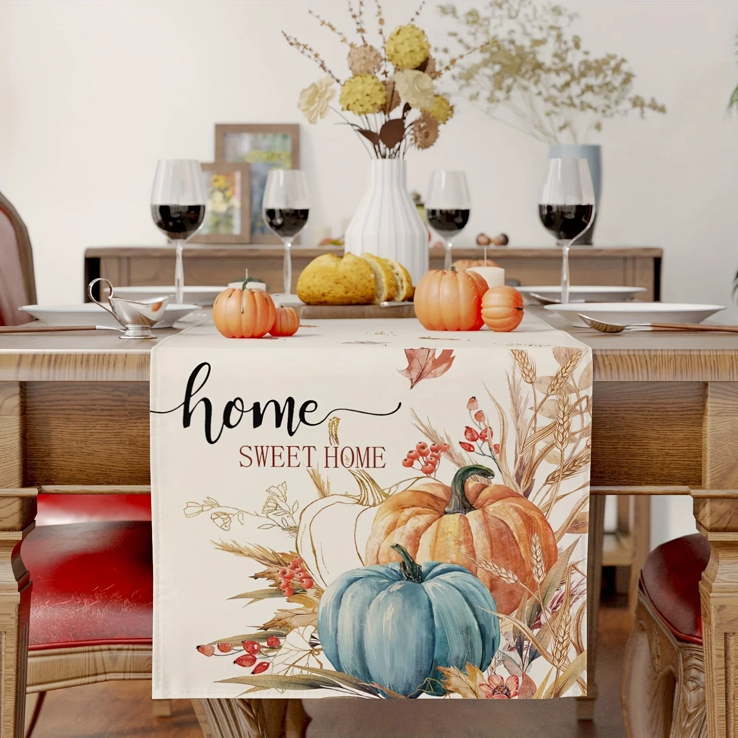 1 Autumn Pastoral Style Table Runner, Off-White Background with Painted Pumpkins, Wheat Ears and 