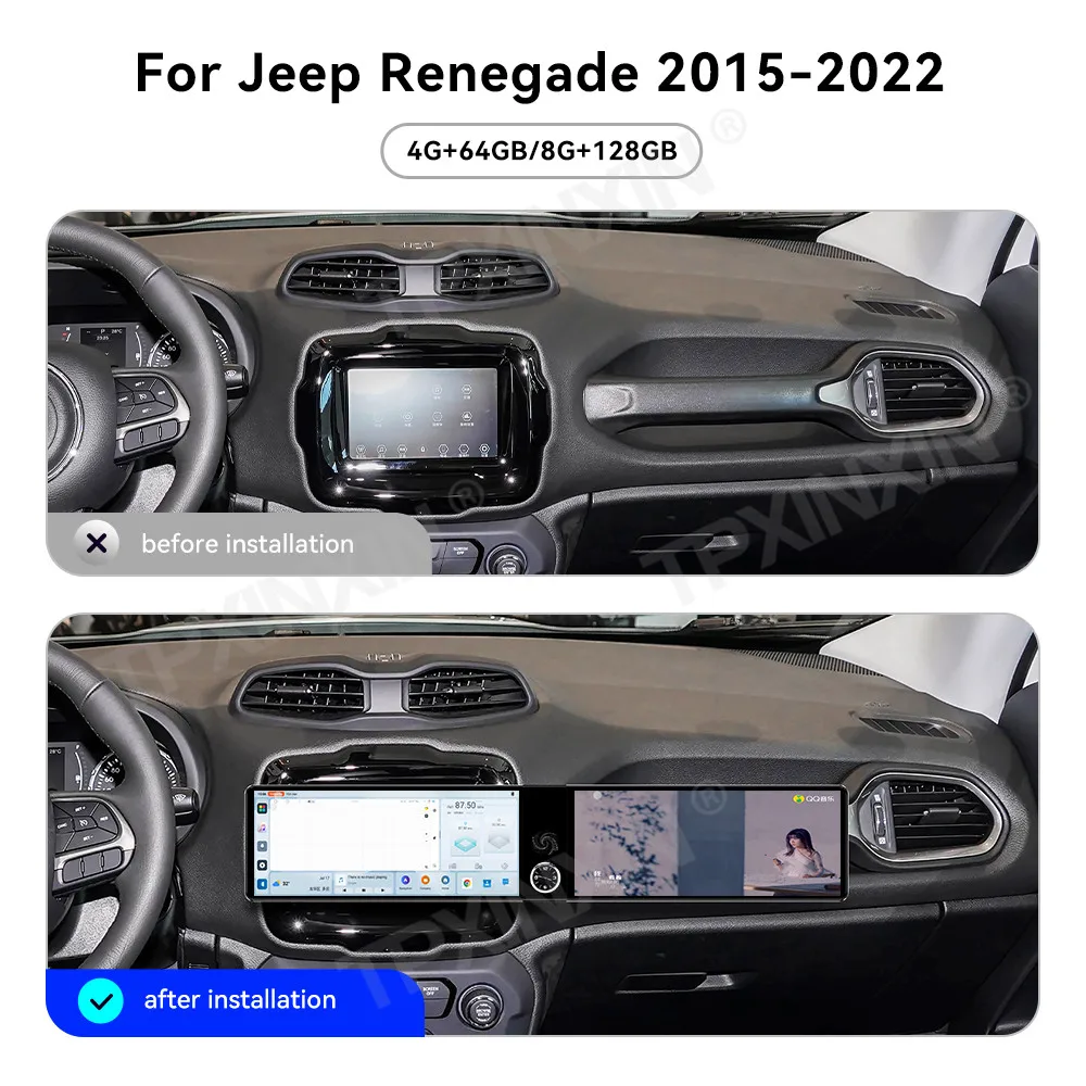12,3-Zoll-Dual-Screen-Autoradio für Jeep Renegade 2015-2022, Multimedia-Videoplayer, Stereo-GPS-Navigation, Carplay-Headunit, 4G