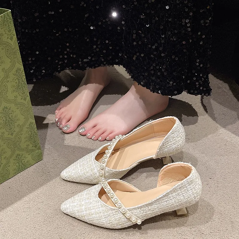 Pearl Side Open High Heel Single Shoes Women's Fashion Spring Summer New Sle for Skirts Gentle Fairy Sandals Korean Sle