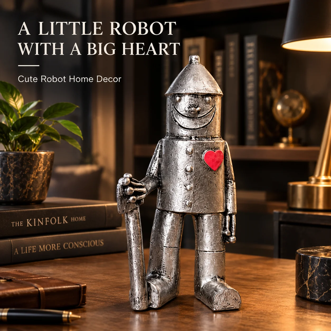 Line Follower Robot - Silberne Roboterfigur mit Gehstock, niedliche Roboterstatue