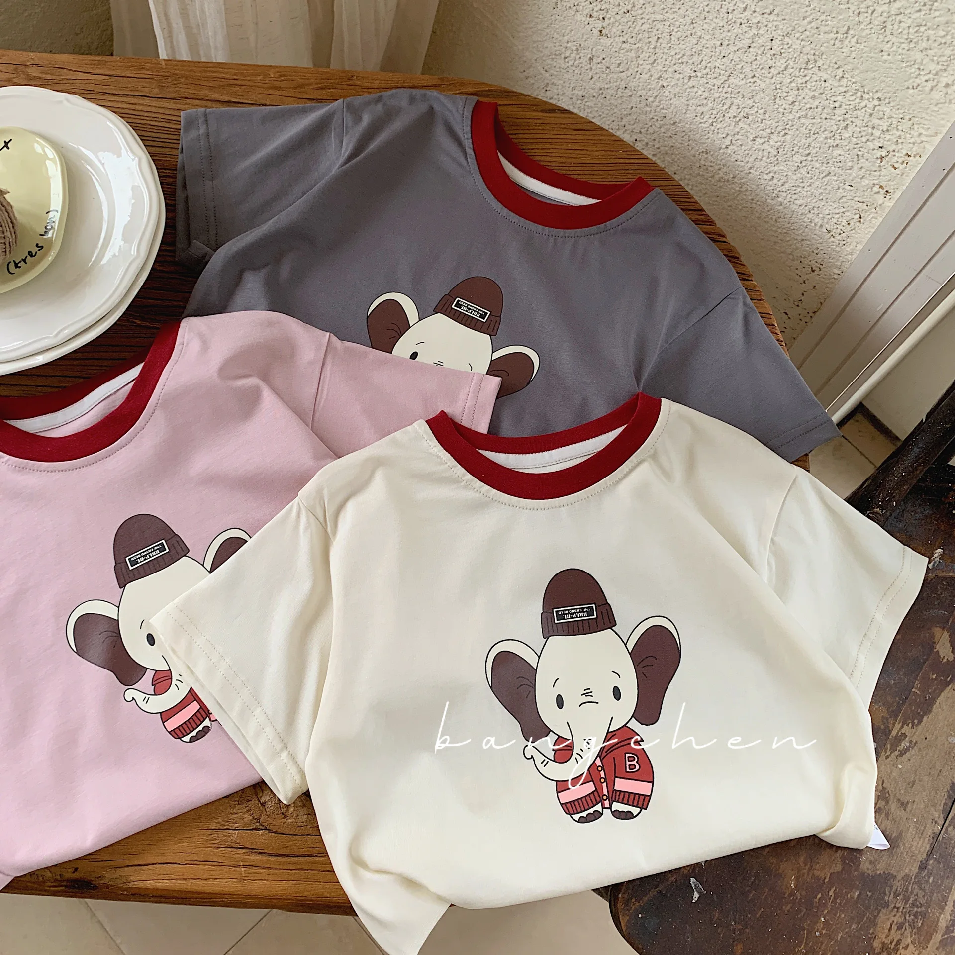 Children's T-shirt 2024 Summer Boys' Color Effect Collar Short Sleeve  Children's Clothing Cartoon Elephant Short T Trendy G0098