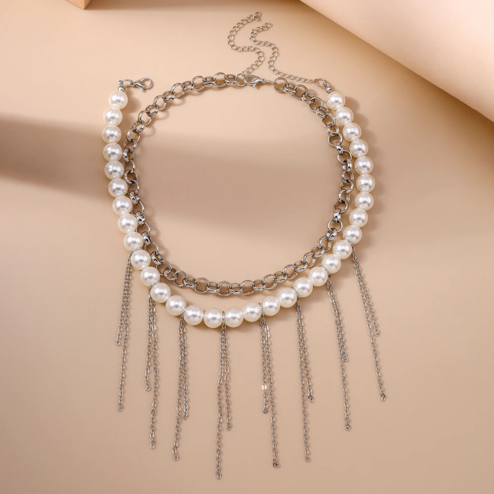 Aihua Mehrschichtige Lange Quasten-Imitationsperlen-Halskette für Damen, Modische Perlen-Choker-Ketten, Y2K Hochzeitsschmuck Geschenke – Detail 5